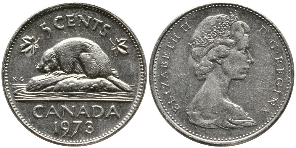 Канада 5 центов 1973 бобр, Елизавета II (1952-) KM 60.1 никель 4543-633