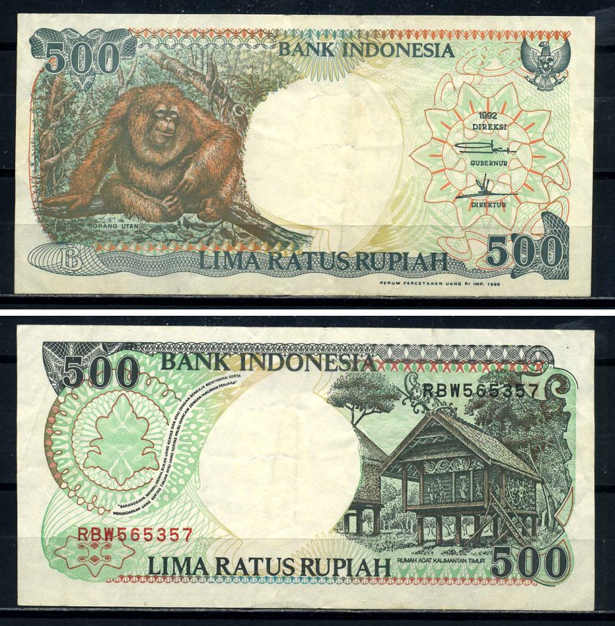 Индонезия 500 рупий 1992/1999 орангутан Pick 128h бумага 3295-49-2-2