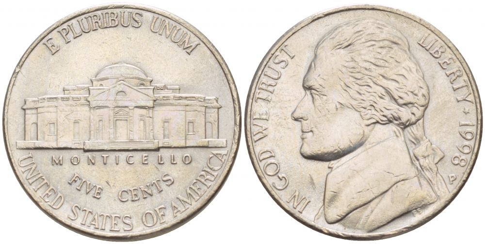 США 5 ЦЕНТОВ 1998 P ДЖЕФЕРСОН KM А192 медно-никель 4546-1226