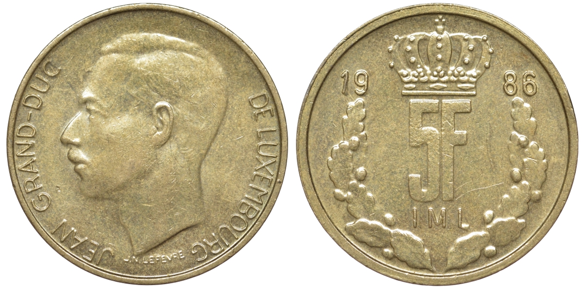 Люксембург 5 франков 1986 KM 60.1 латунь 4143-154