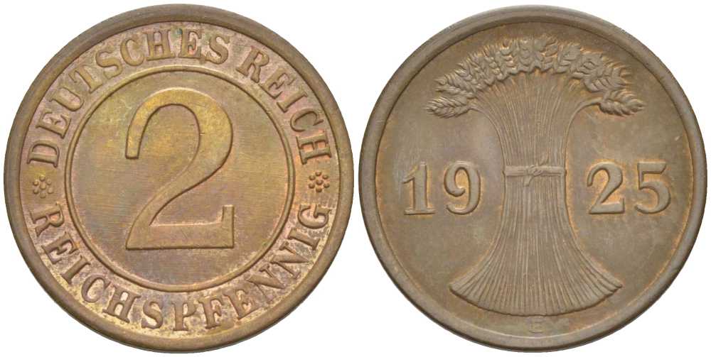 ГЕРМАНИЯ 2 РЕЙХСПФЕННИГA 1925 E KM 38, J. 314, Weege 4 бронза 206-861