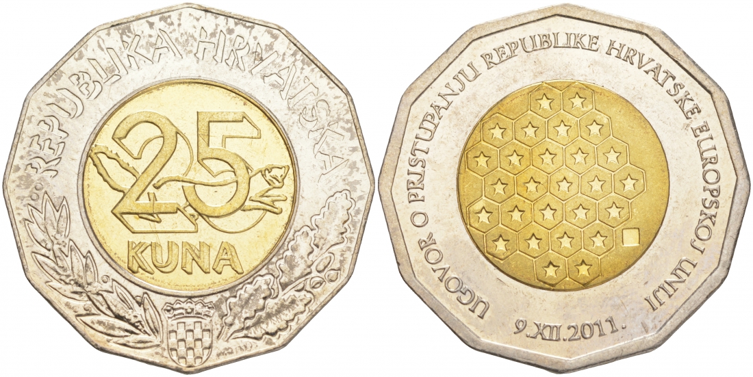 Хорватия 25 кун 2011 подписание договора о вступлении Хорватии в Евросоюз KM 98 биметалл UNC M36-12