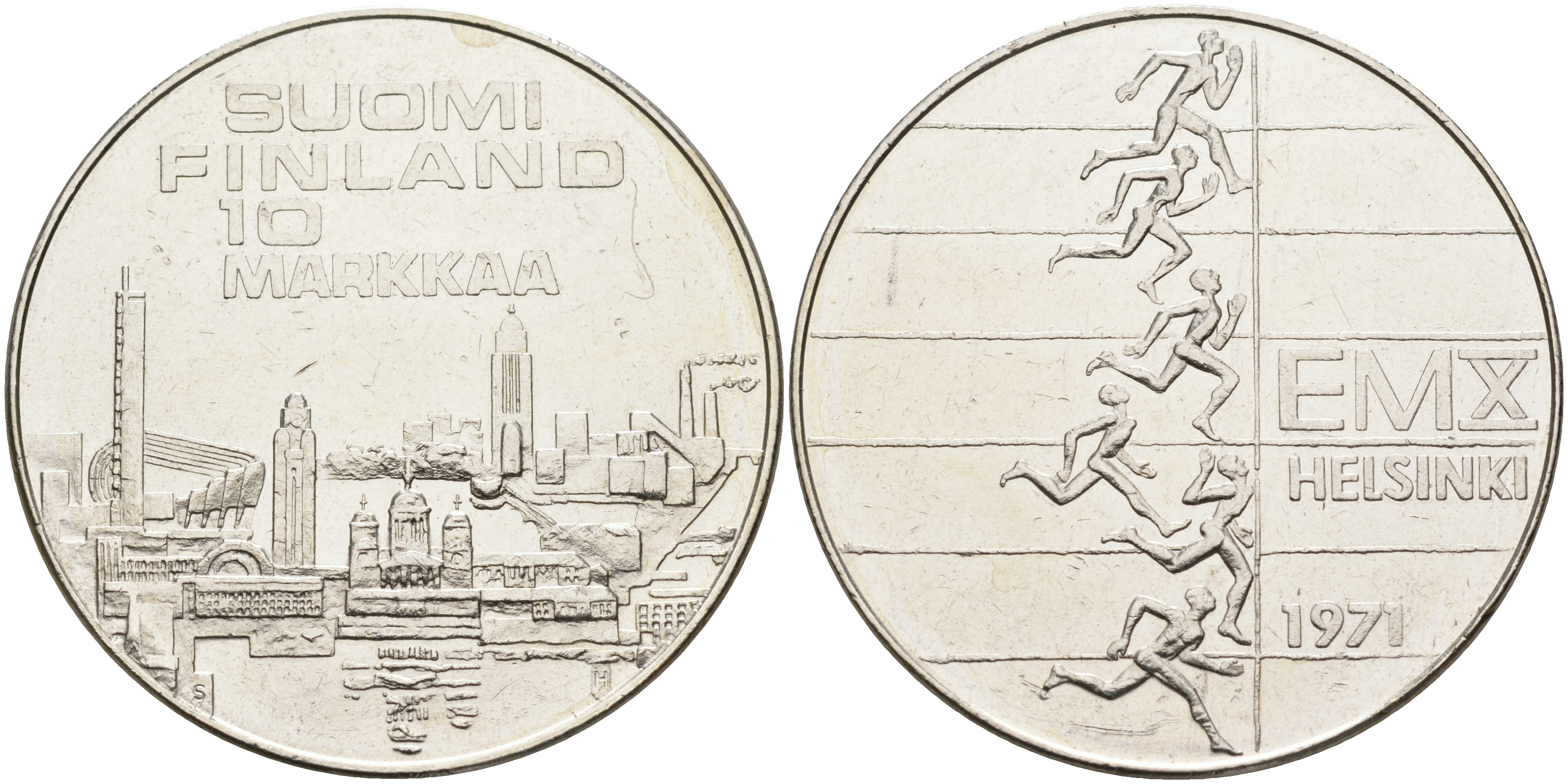 Финляндия 10 марок 1971 S-H, X Чемпионат Европы по легкой атлетике KM 52 серебро 1525-1342