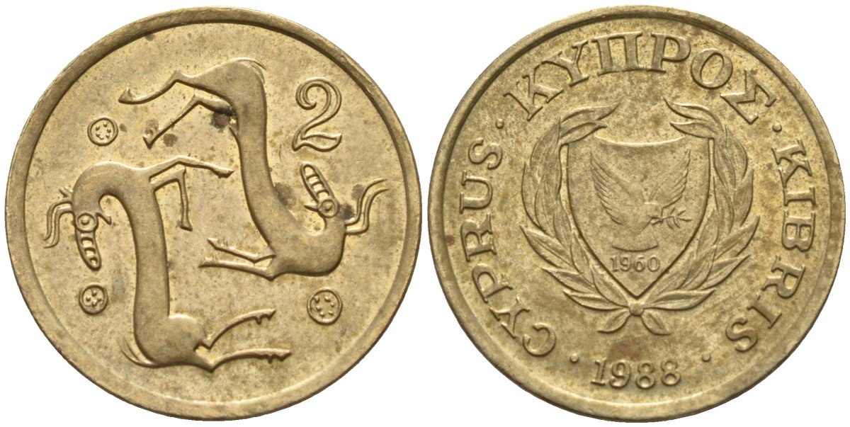 Кипр 2 цента 1988 KM 54.2 никель латунь 4174-1241