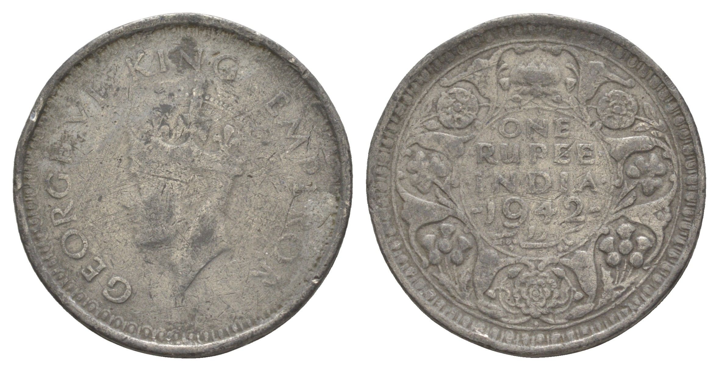 Британская Индия 1 рупия 1942 подделка в ущерб обращению, Георг VI (1936-1952) тип KM 557 беллый металл 4645-642