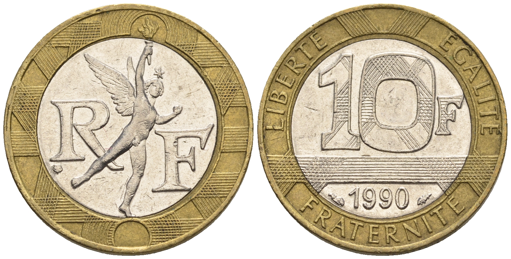 Франция 10 франков 1990 тип Гений Бастилии KM 964.1, Le Frank 375.5 биметалл 85-131