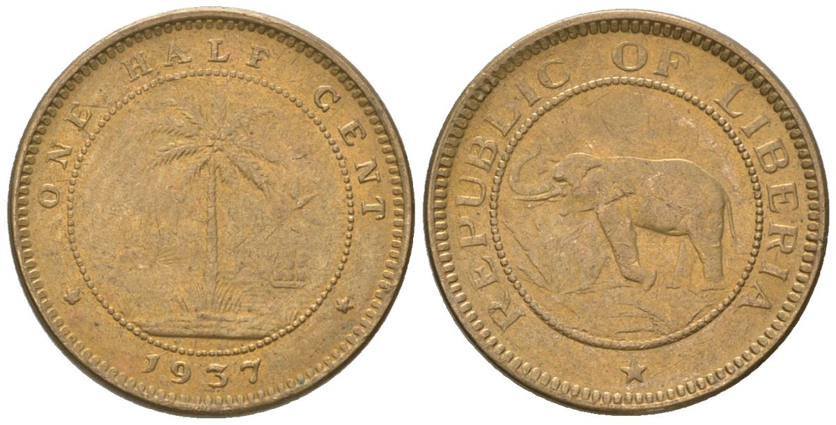 Либерия 1/2 цента 1937 KM 10 латунь aUNC 4588-813