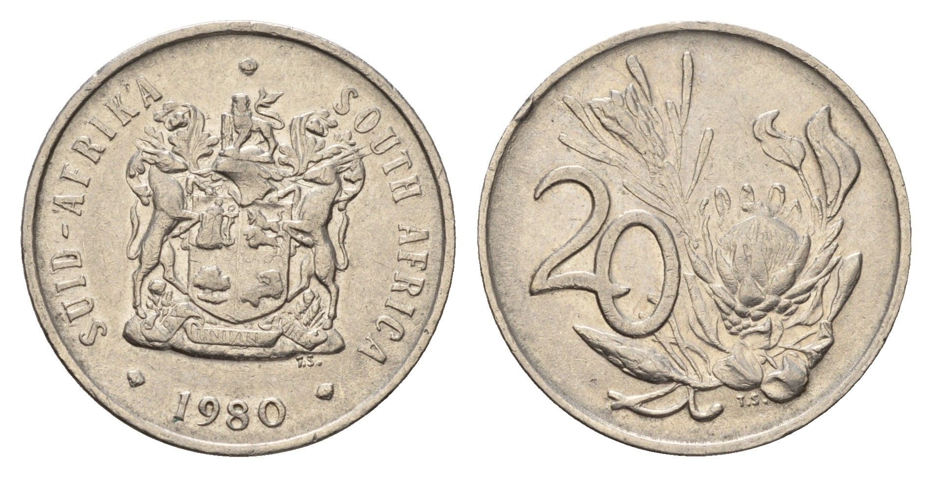 ЮАР 20 центов 1980 герб, цветок протея KM 86 никель 4114-651