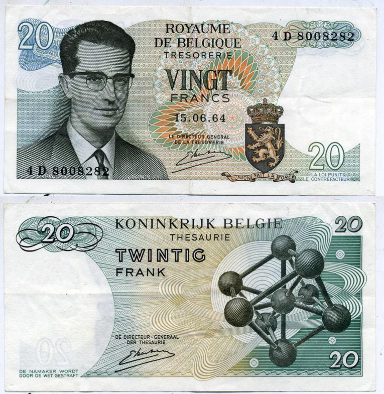 Бельгия 20 франков 1964 Бодуэн I, атомиум, Kestens Pick 138 (3) бумага 7207-49-3
