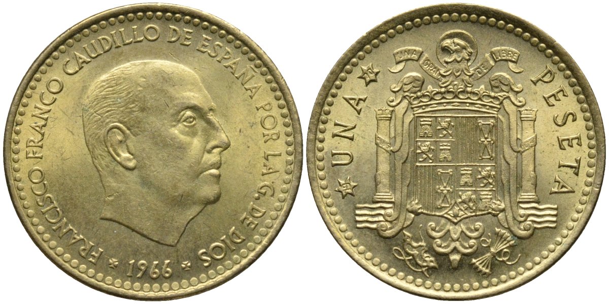 Испания 1 песета 1966 (70) Франсиско Франко (1939-1975) KM 796 алюминиевая бронза 4171-446