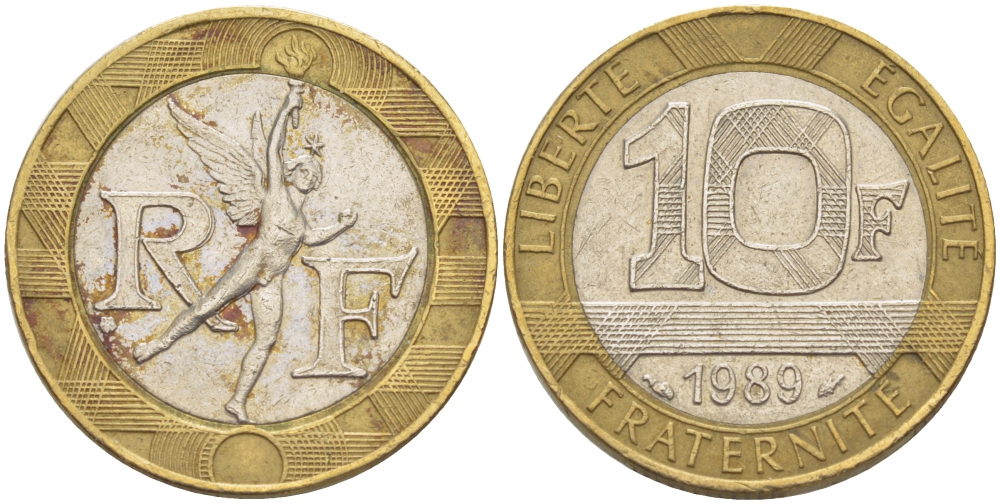 Франция 10 франков 1989 тип гений Бастилии KM 964.1, Le Franc 375.3 биметалл 4402-1146