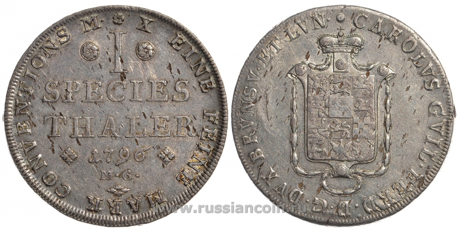 Брауншвейг-Вольфенбюттель 1 талер 1796 MC, Карл Вильгельм Фердинанд (1780-1806) KM 1030, Dav. 2173, Welter 2903 серебро 00-816-21