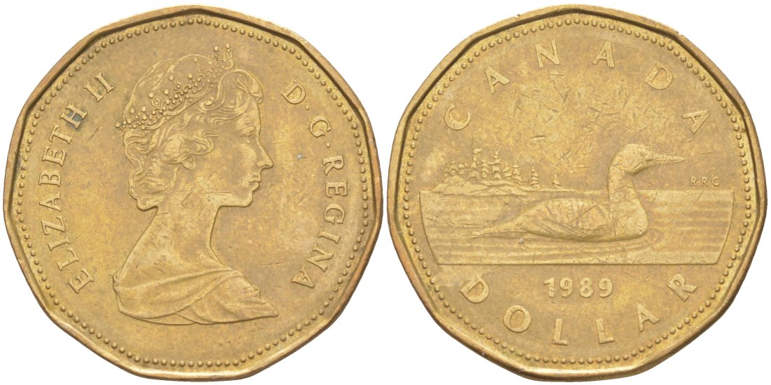 Канада 1 доллар 1989 утка, Елизавета II KM 157 никель плакированный алюминиевой бронзой 63-627