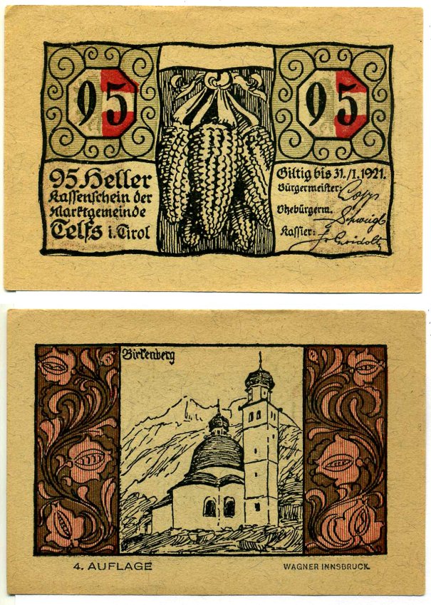 ТЕЛЬФС, Австрия 95 геллеров 1921 31 января 1921, нотгельд, ЧЕТВЁРТЫЙ выпуск, ЗЕМЛЯ ТИРОЛЬ бумага 7523-12-1-2