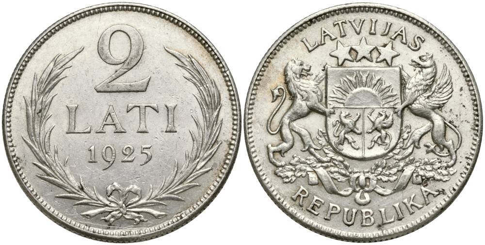 Латвия 2 лата 1925 Первая Республика (1918-1939) KM 8 серебро 27-1243