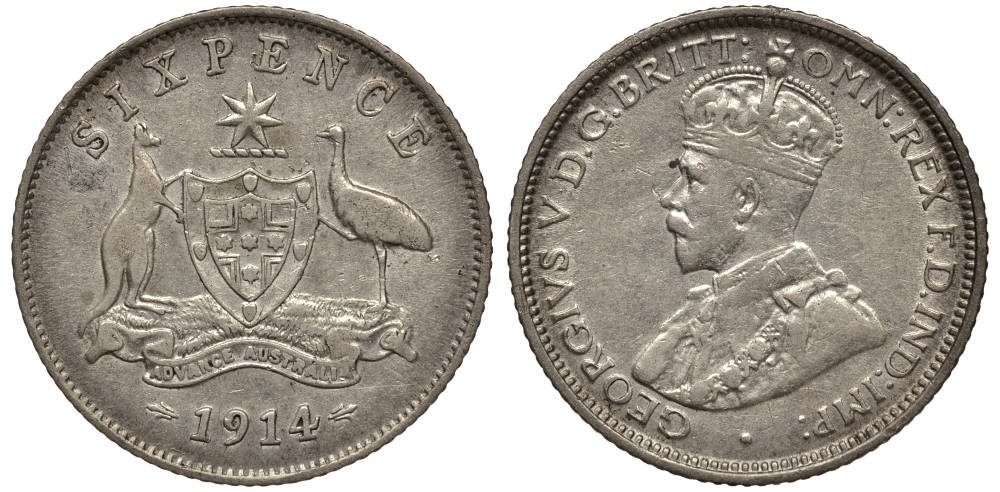 Австралия 6 пенсов 1914 L, Георг V (1910-1936), герб Австралии KM 25 серебро 272-124