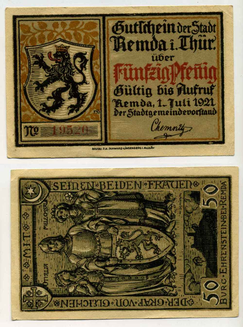 РЕМДА 50 ПФЕННИГОВ 1921 НОТГЕЛЬД, ЗЕМЛЯ ТЮРИНГИЯ, 1 ИЮЛЯ 1921 Grabowski 1115.1a бумага UNC (ПРЕСС) 8589-18-1-2