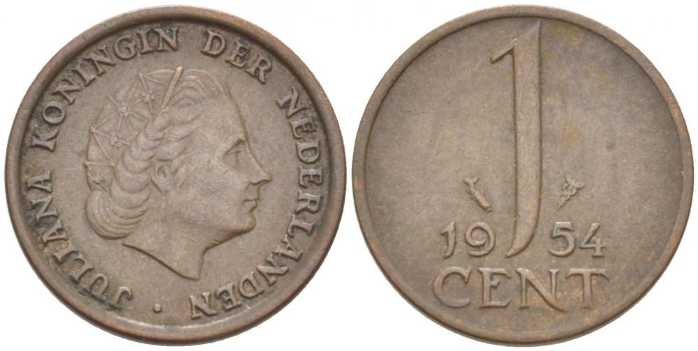 Нидерланды 1 цент 1954 Юлиана (1949-1980) KM 180 бронза 3457-1145