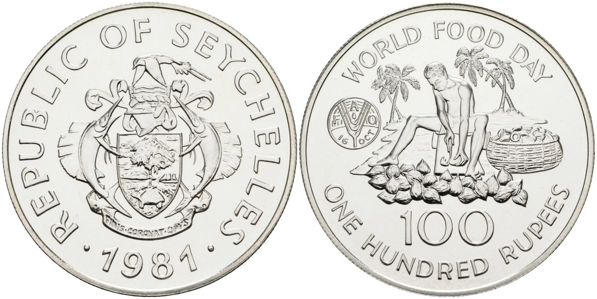 Сейшельские острова 100 рупий 1981 ФАО, всемирный день продовольствия, тираж 10000 экз. KM 45 a серебро UNC 04-320-33