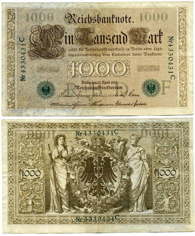 ГЕРМАНИЯ 1000 МАРОК 1910 ЗЕЛЕНАЯ ПЕЧАТЬ, 7 ЦИФР В НОМЕРЕ Pick 45b бумага 3295-119-2-1