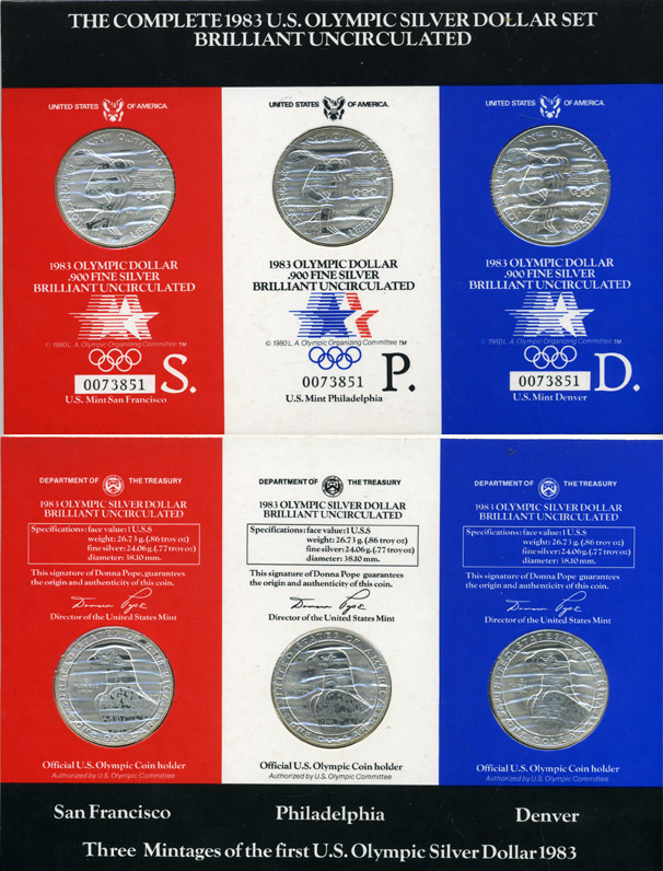 США набор из 8 монет по 1 доллару 1983-1984 XXIII летние Олимпийские игры в Лос-Анджелесе 1984 года, в оригинальных буклетах, в коробке, с сертификатом KM 209, 210 серебро UNC, PROOF 4-3-2-07