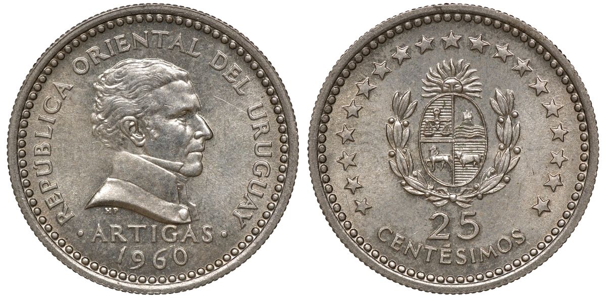 Уругвай 25 сентесимо 1960 KM 40 медно-никель 4169-967