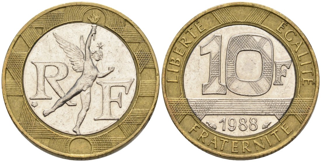 Франция 10 франков 1988 тип Гений Бастилии KM 964.1, Le Frank 375.2 биметалл 4573-1016