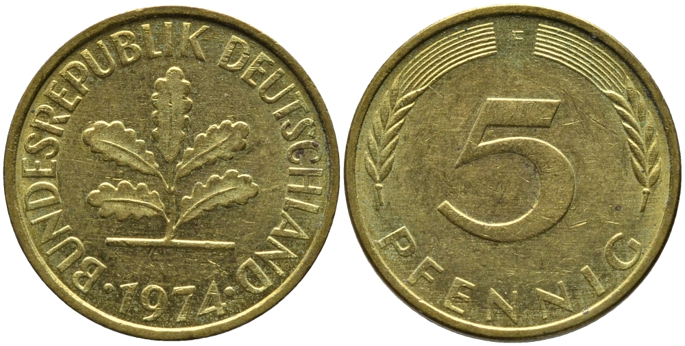 ФРГ 5 ПФЕННИГОВ 1974 F KM 107, J.382 сталь плакированная латунью 4178-328