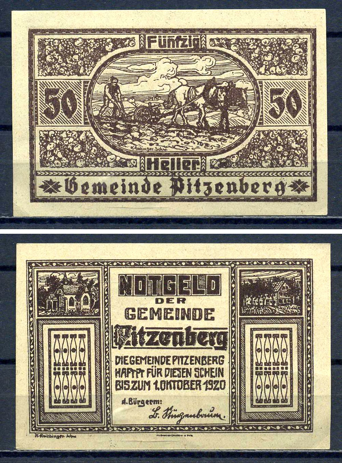 Питценберг (Австрия) 50 геллеров 1920 Jaksc/Pick?JPR0753-50 бумага UNC (пресс) 7556-38-3-2