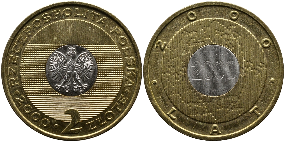 Польша 2 злотых 2000 MW, миллениум KM 374 биметалл UNC 4521-816