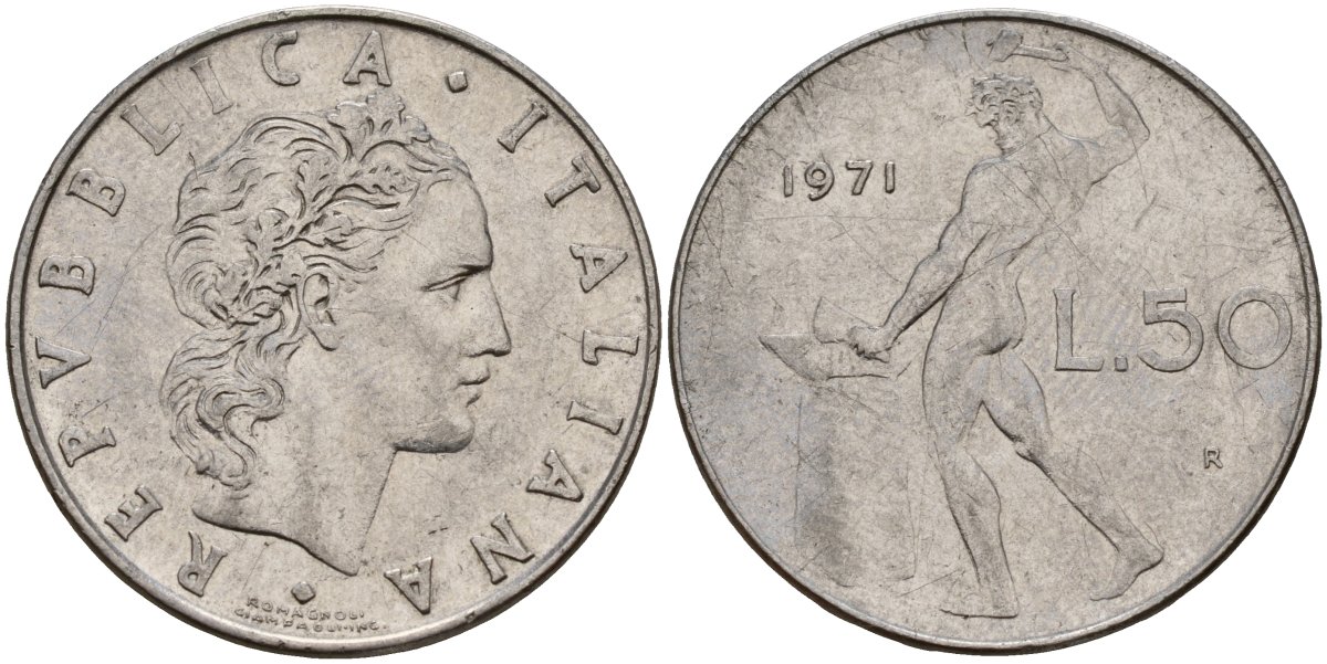 Италия 50 лир 1971 R, бог Вулкан у наковальни KM 95.1 нержавеющая сталь 4156-732