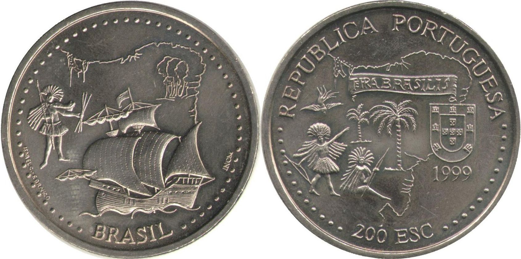 Португалия 200 эскудо 1999 500 лет с момента открытия Бразилии KM 718 медно-никель UNC 4677-533