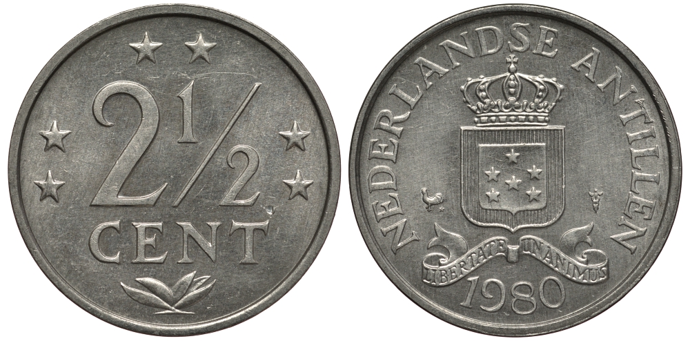 Нидерландские Антилы 2 1/2 цента 1980 Беатрикс (1980-2013) KM 9а алюминий 4391-1036