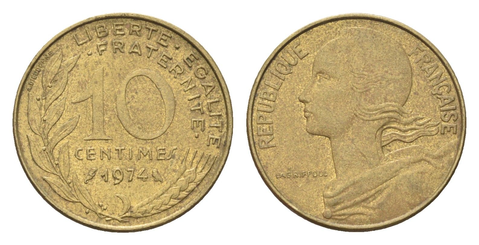 Франция 10 сантимов 1974 KM 929 алюминиевая бронза 4702-1266