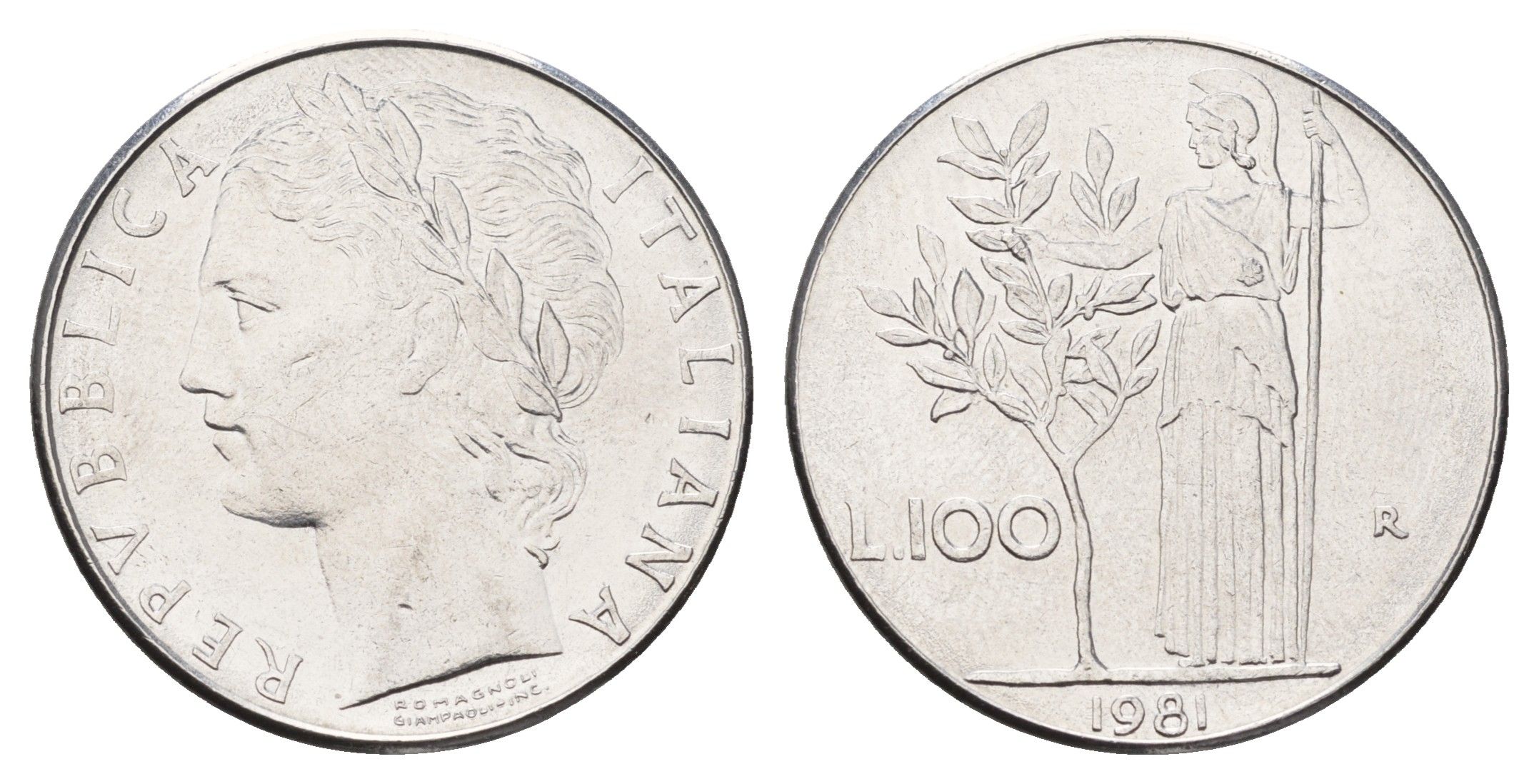 Италия 100 лир 1981 R, Афина в доспехах KM 96.1 нержавеющая сталь 4631-837