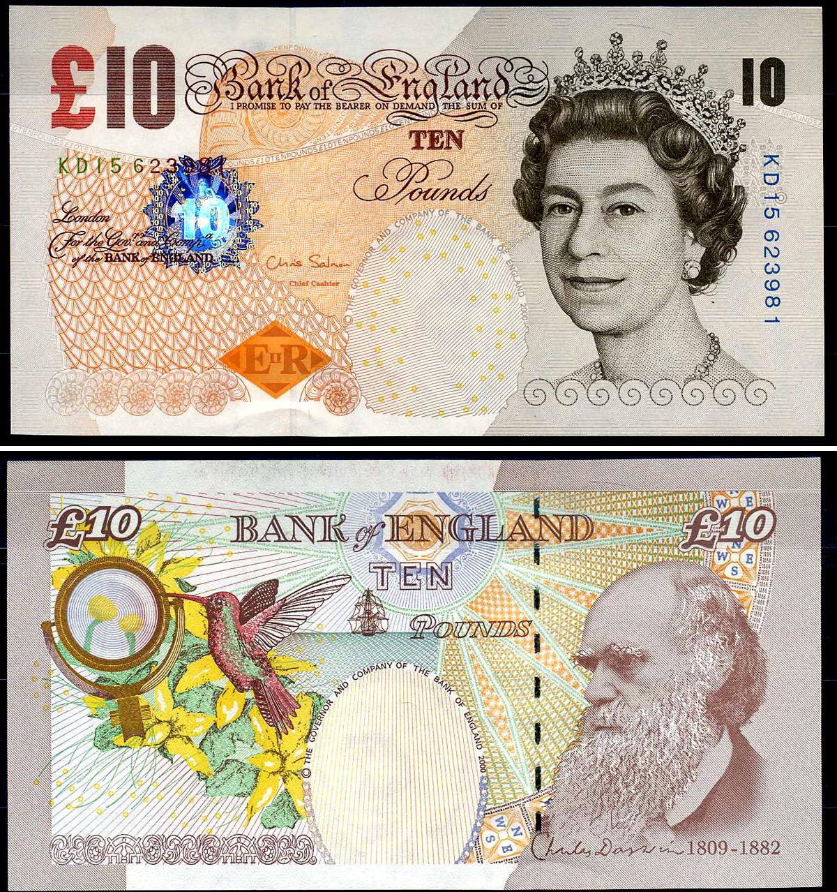 Великобритания 10 фунтов 2000 Елизавета II (1952-2022), Чарлз Дарвин, подпись C. Salmon Pick 389 d  бумага  UNC (пресс) 7217-73-3-2