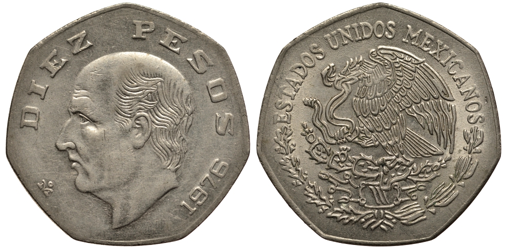 МЕКСИКА 10 ПЕСО 1976 МАНУЭЛЬ ХИДАЛЬГО КАСТИЛЬЯ KM 477.1 медно-никель VF 215-944