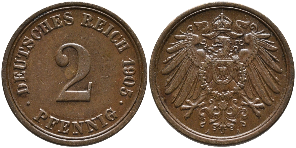 ГЕРМАНИЯ 2 ПФЕННИГА 1905 А KM 16, J. 11 медь 4110-1749