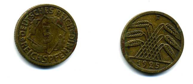 ГЕРМАНИЯ 5 РЕЙХСПФЕННИГОВ 1925 F, KM 39, J. 316 алюминиевая бронза 46-233