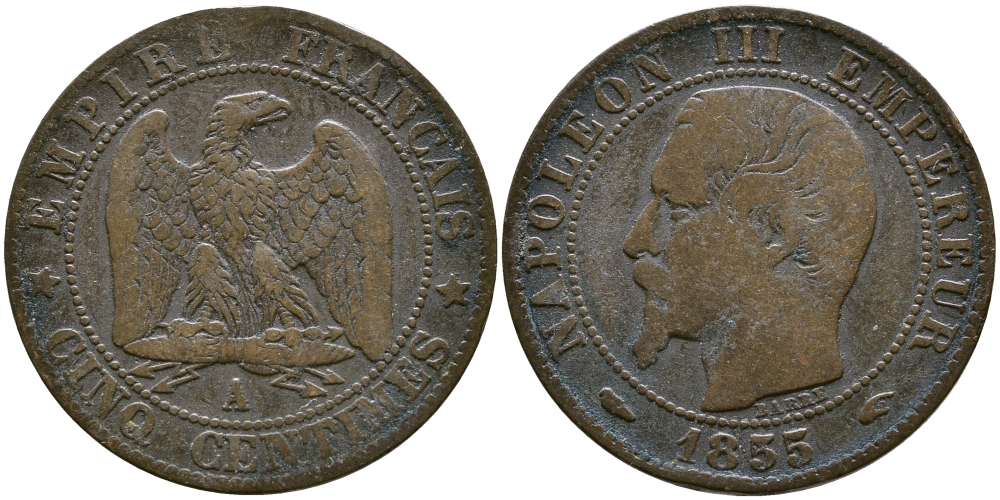 ФРАНЦИЯ 5 САНТИМОВ 1855 А, НАПОЛЕОН III (1852-1870) KM 777.1, LE FRANC 116.16 бронза 3999-913