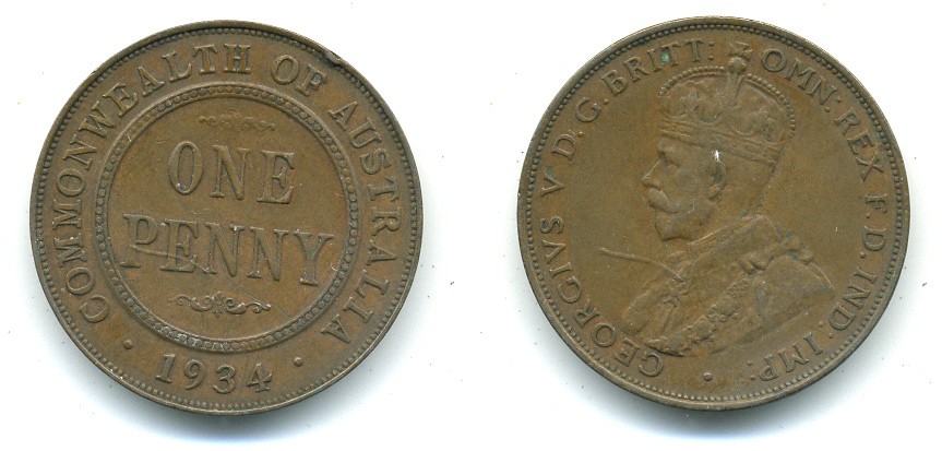 АВСТРАЛИЯ 1 ПЕННИ 1934 ГЕОРГ V KM 23 бронза 7-5-25-21