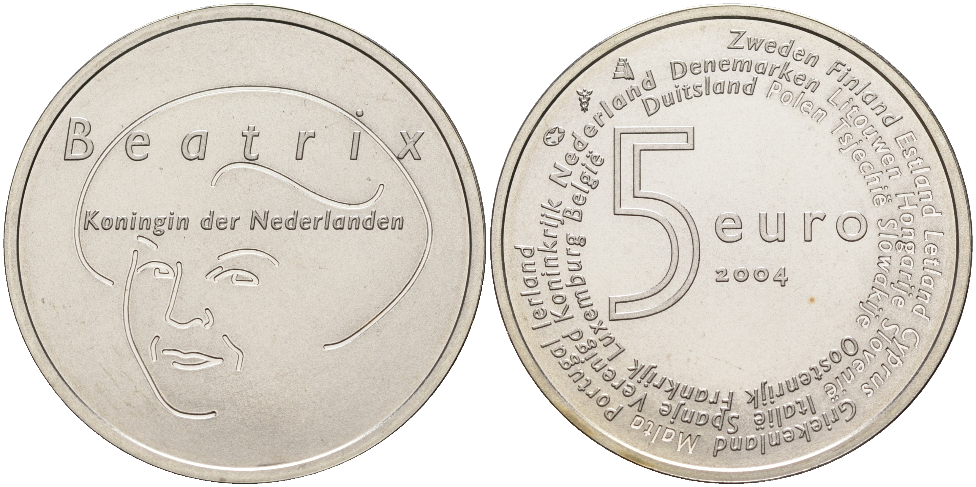 Нидерланды 5 евро 2004 королева Нидерландов Беатрикс, вступление в ЕЭС KM 252 серебро UNC 02-230-45