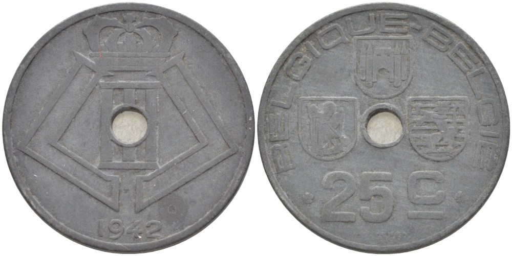 БЕЛЬГИЯ 25 САНТИМОВ 1942 BELGIQUE-BELGIE, ГЕРМАНСКАЯ ОККУПАЦИЯ, ВТОРАЯ МИРОВАЯ ВОЙНА KM 131 цинк 4529-1115