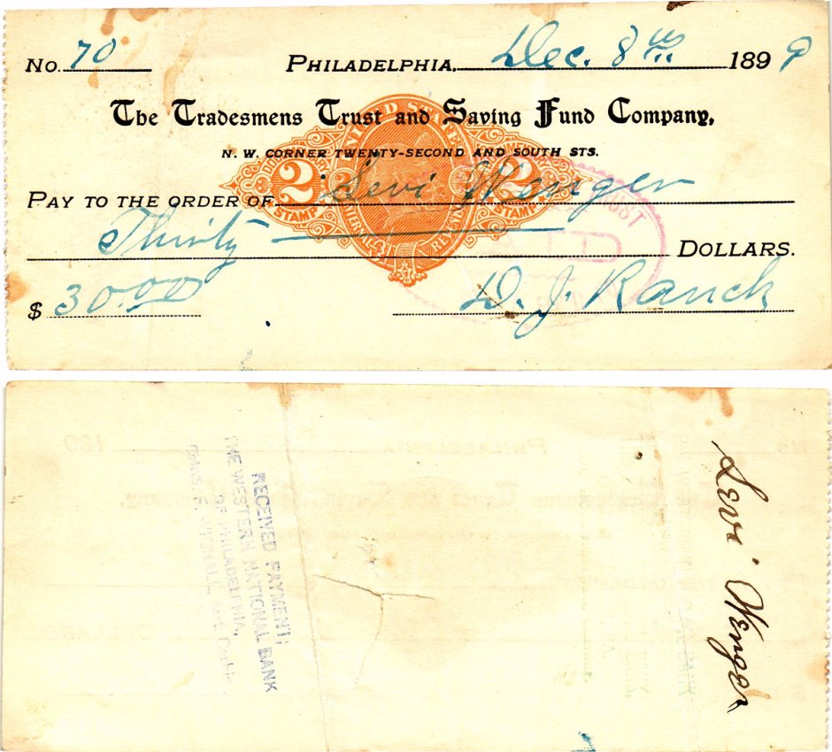 США чек на 30 долларов 1899 Филадельфия бумага 2196-30-2-2