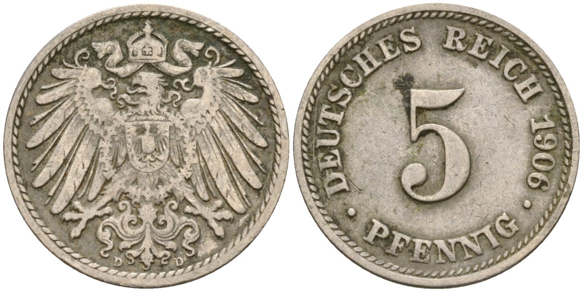 Германия 5 пфеннигов 1906 D KM 11 медно-никель 4169-435
