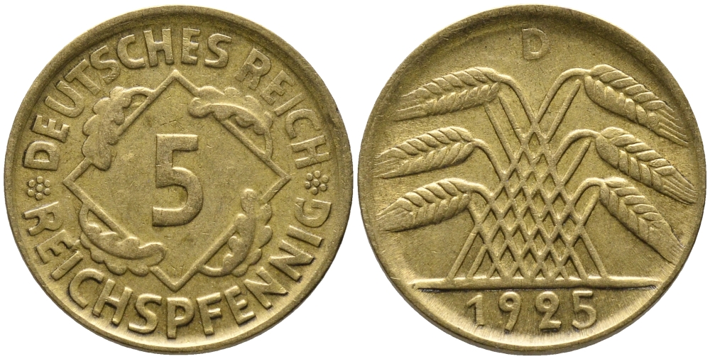 ГЕРМАНИЯ 5 РЕЙХСПФЕННИГОВ 1925 D, KM 39, J. 316 алюминиевая бронза 96-624
