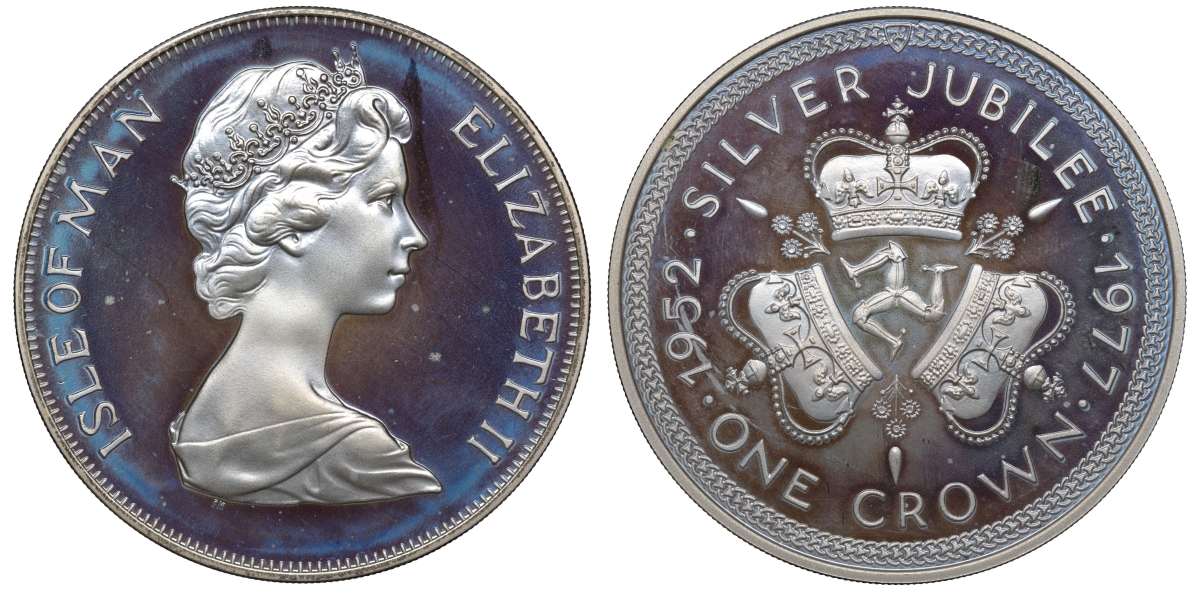 Остров Мэн 1 крона 1977 серебряный юбилей правления королевы Елизаветы II, три короны, в оригинальной коробке KM 41а серебро PROOF 7-4-1-43