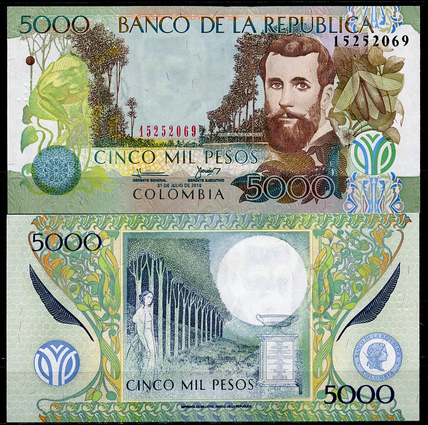 Колумбия 5000 песо 2010 31 июля 2010, Хосе Асунсьон Сильва Pick 452 l  бумага  UNC (пресс) 447-12-2