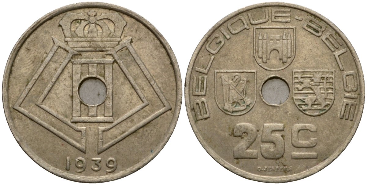 Бельгия 25 сантимов 1939 Belgique - Belgie KM 114 никель латунь 33-1147
