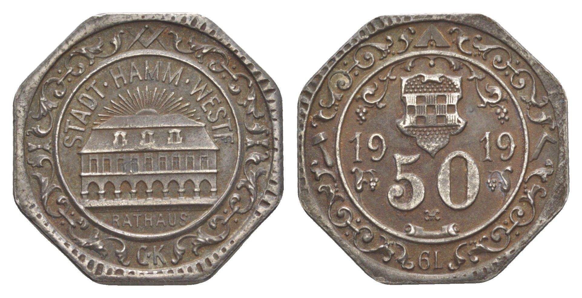 Хамм 50 пфеннигов 1919 солнечные лучи касаются здания мэрии Funck 191.14, Men05 10723.20, Men18 13447.20 железо 1528-133
